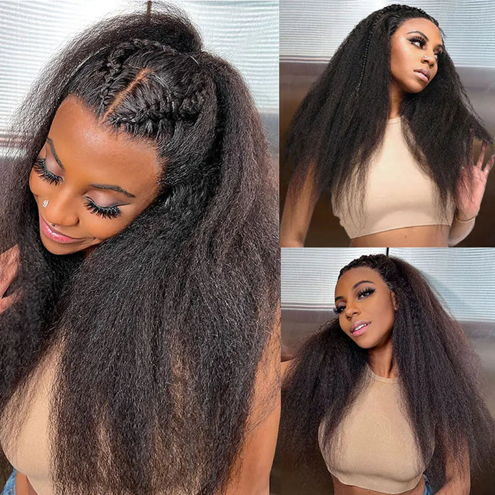 40 42 Inch Kinky Straight Lace Front Wig Pre Plucked Yaki Straigh HD 13X4 Lace Frontal Wig 4C Edges Curly Human Hair Wigs