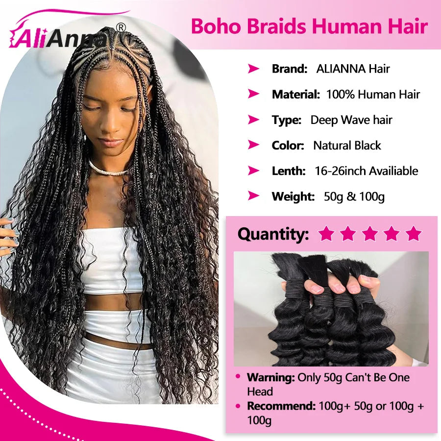 Boho Braids Human Hair Deep Wave Human Hair Braiding Hair 16-26 Inch Bulk Human Hair Bundles 50g/100g Culry Crochet Human Hair Bulk And Braiding Hair Extensions 100% Human Hair No Shedding Fast Shipping Locs Hair Top Quality