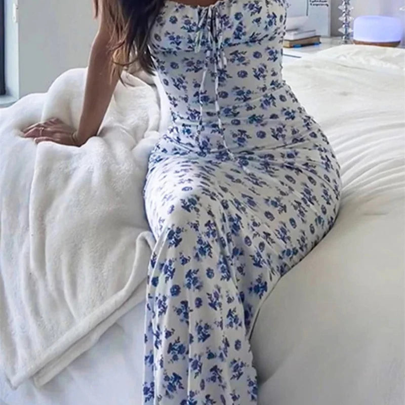 Women Spaghetti Strap Dresses Drawstring Design Floral Print Slim Fit Long Bodycon Dresses Perfect for Summer Spring Hot Sale