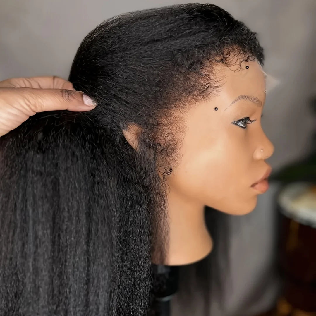 Yaki 26 inch Soft Black 180 Density Preplucked Kinky Straight Hair Wig For Women Natural Hairline Wig Synthetic Afro Baby Hair