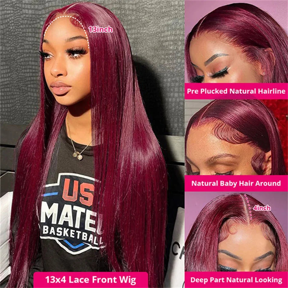 99J Burgundy  Straight Lace Front Human Hair Wigs 13x4 13x6 HD Transparent Full Lace Frontal Wig 200 Density Straight Hair Wigs