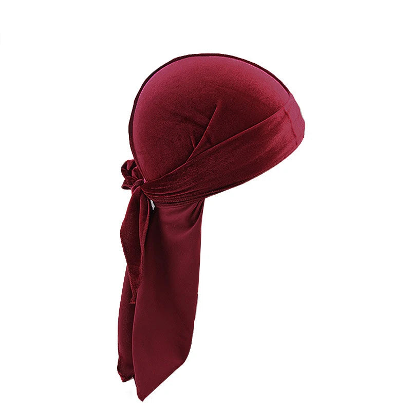 New Unisex Solid Color Soft Velvet Longtail Pirate Hat Breathable Bandana Durag Long Ribbon Cape Baotou Headband Du-Rag
