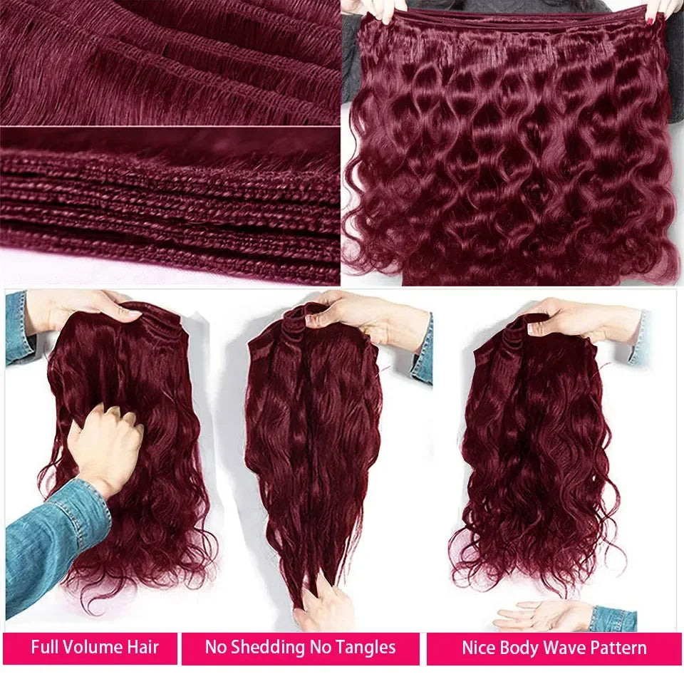 14A 99J Burgundy Body Wave Human Hair Bundles 36 38 Inch Wine Red Brazilian Unprocessed Raw Hair Bundles Extension Deals