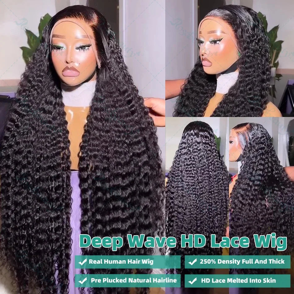 Rosabeauty 200% Curly Water Wave 13x6 Lace Front Human Hair Wig 30 Inches Loose Deep Wave Lace Frontal Wig 5x5 Lace Closure Wig