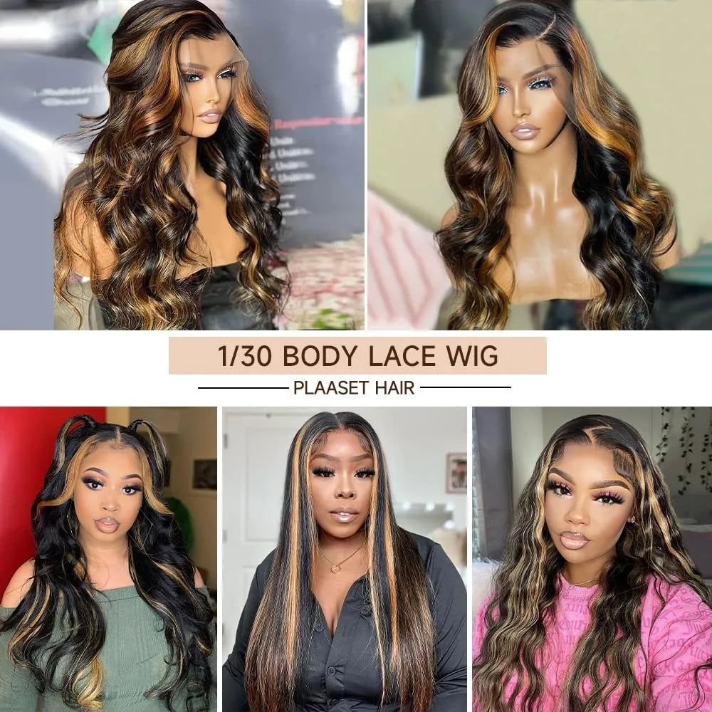 30 Inch Body Wave Ombre Lace Front Wig Human Hair PB/30 Colored Highlight 13x4 HD Lace Frontal Wig BalayageHuman Hair for Women