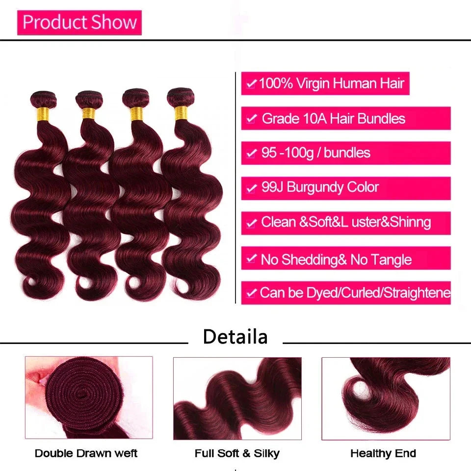 14A 99J Burgundy Body Wave Human Hair Bundles 36 38 Inch Wine Red Brazilian Unprocessed Raw Hair Bundles Extension Deals