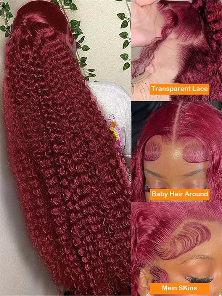 30 40 Inch 99J Burgundy Deep Wave 13x6 Hd Lace Frontal Human Hair Wig Red Colored 13x4 Transparent Lace Curly Frontal Wigs