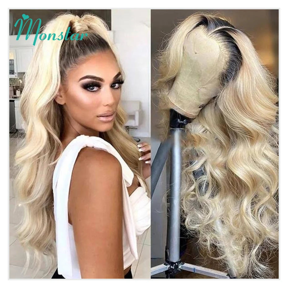 13x6 Lace Frontal Wig Brazilian Straight Human Hair Wig 2 Tone Dark Root 1B 613 Ombre Blonde Lace Front Wigs For Black Women 40"