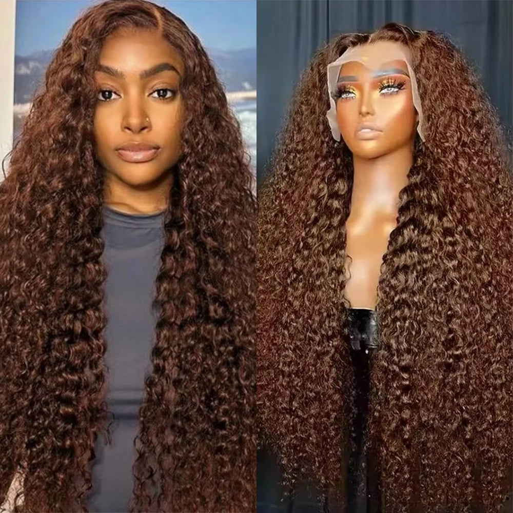 Chocolate Brown Deep Wave 13x6 Lace Front Wig Human Hair Curly #4 Colored Transparent 13x4 Lace Frontal Wig For Women Brazilian