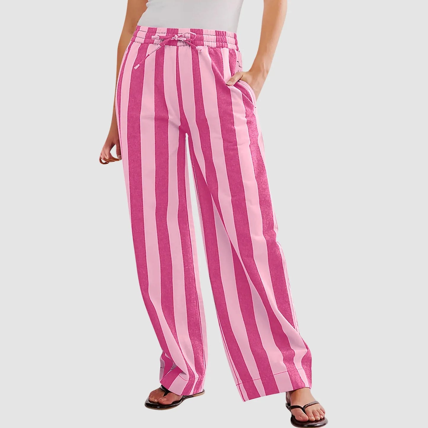Women Casual Baggy Trousers Striped Color Blocking High Waist Wide Leg Pants Pockets Summer Lightweight Palazzo Pajama Bottom