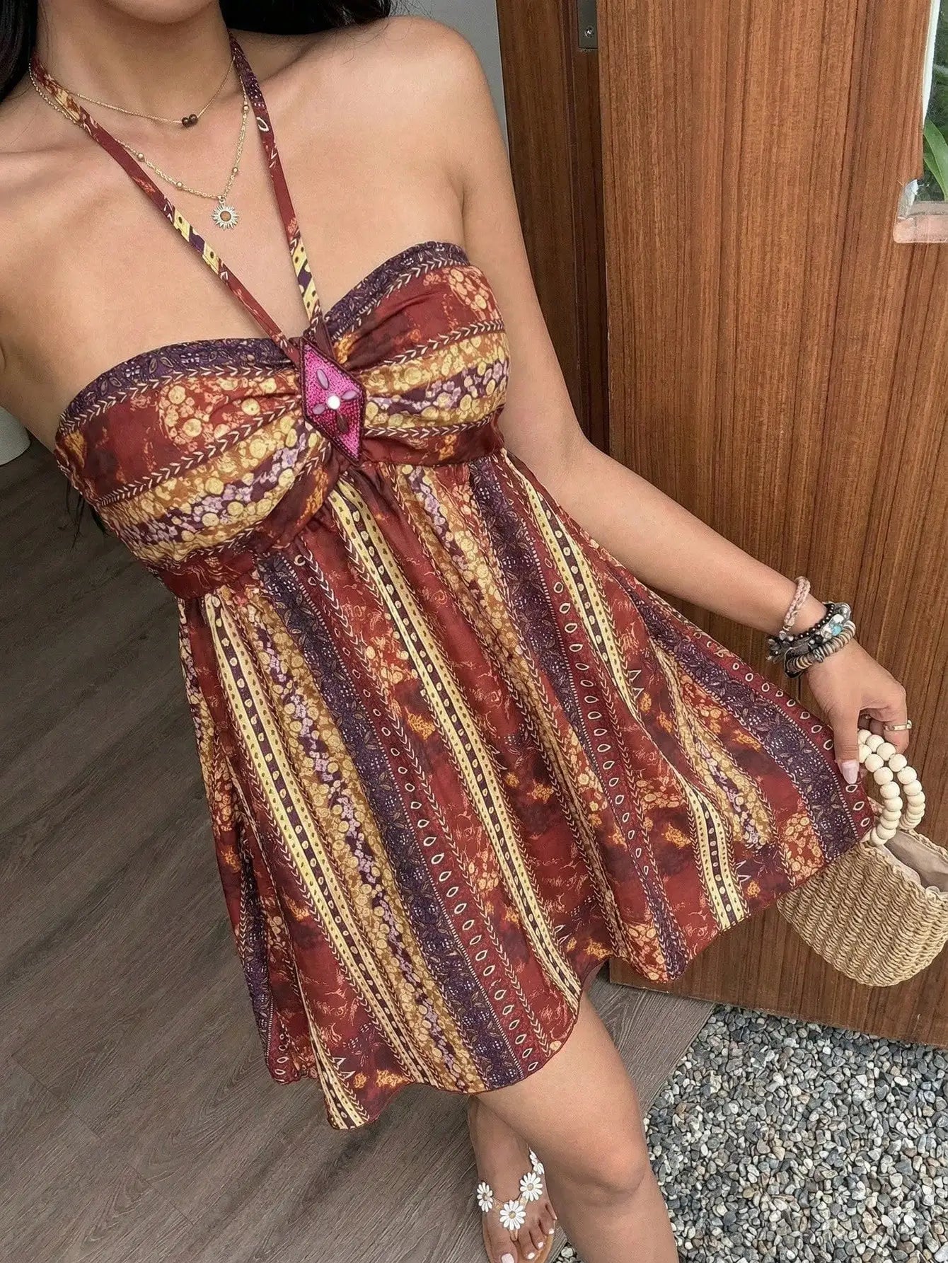 Bohemian Retro Paisley Print Sequin Rhombus Halter Mini Dress For Women Spring Summer