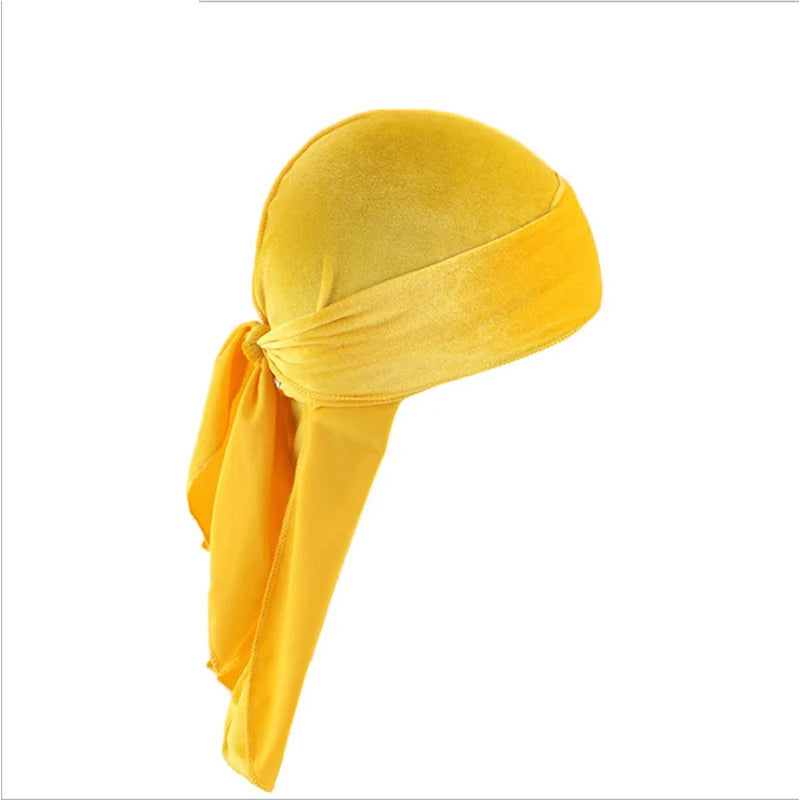 New Unisex Solid Color Soft Velvet Longtail Pirate Hat Breathable Bandana Durag Long Ribbon Cape Baotou Headband Du-Rag