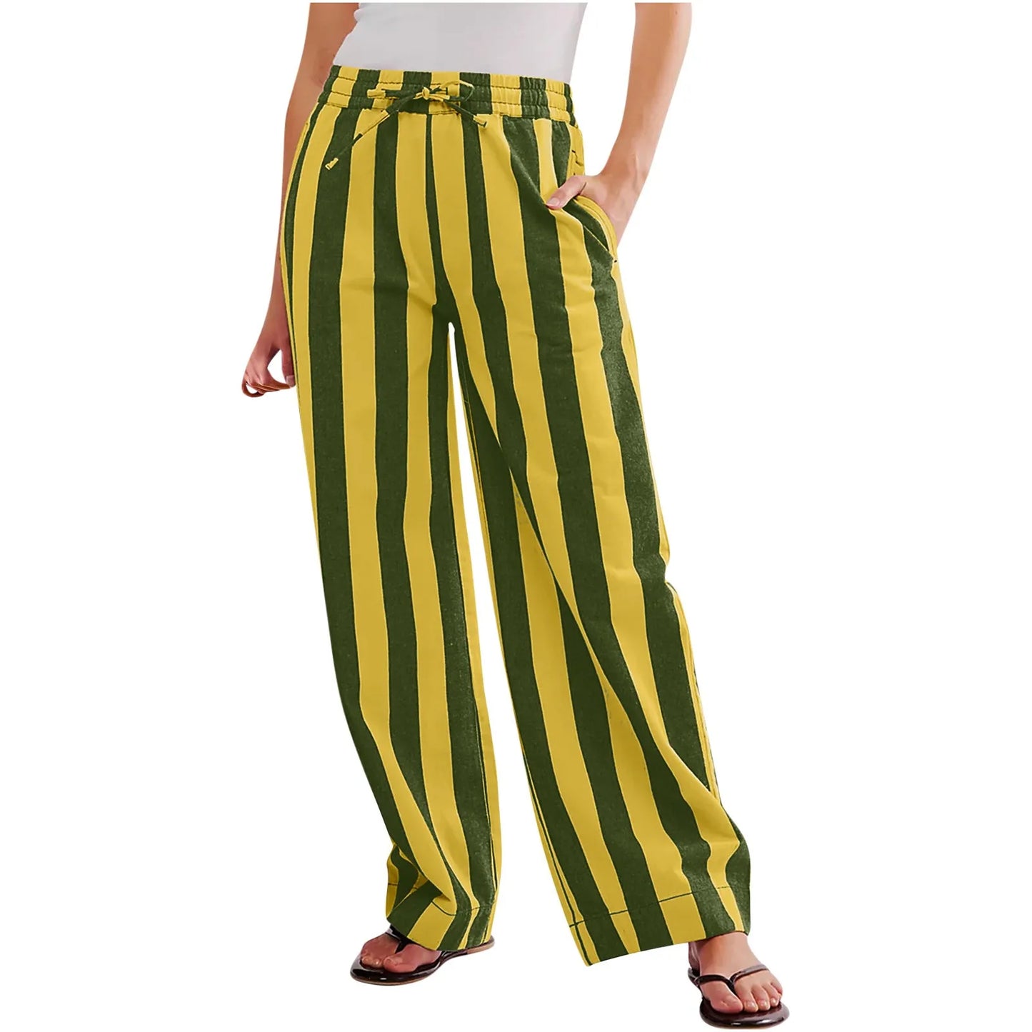 Women Casual Baggy Trousers Striped Color Blocking High Waist Wide Leg Pants Pockets Summer Lightweight Palazzo Pajama Bottom