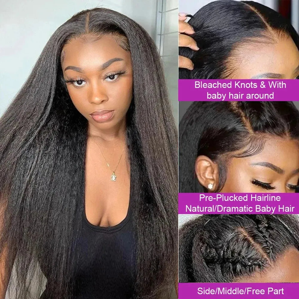 40 42 Inch Kinky Straight Lace Front Wig Pre Plucked Yaki Straigh HD 13X4 Lace Frontal Wig 4C Edges Curly Human Hair Wigs