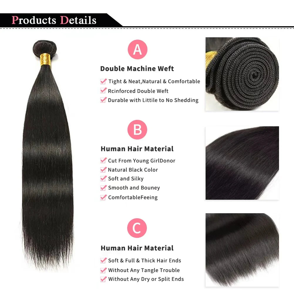 Natural Color Straight  Human Hair Bundles 14-30 Inches Brazilian 1 3 4 Bundle Remy Human Hair Extensions Double Weft