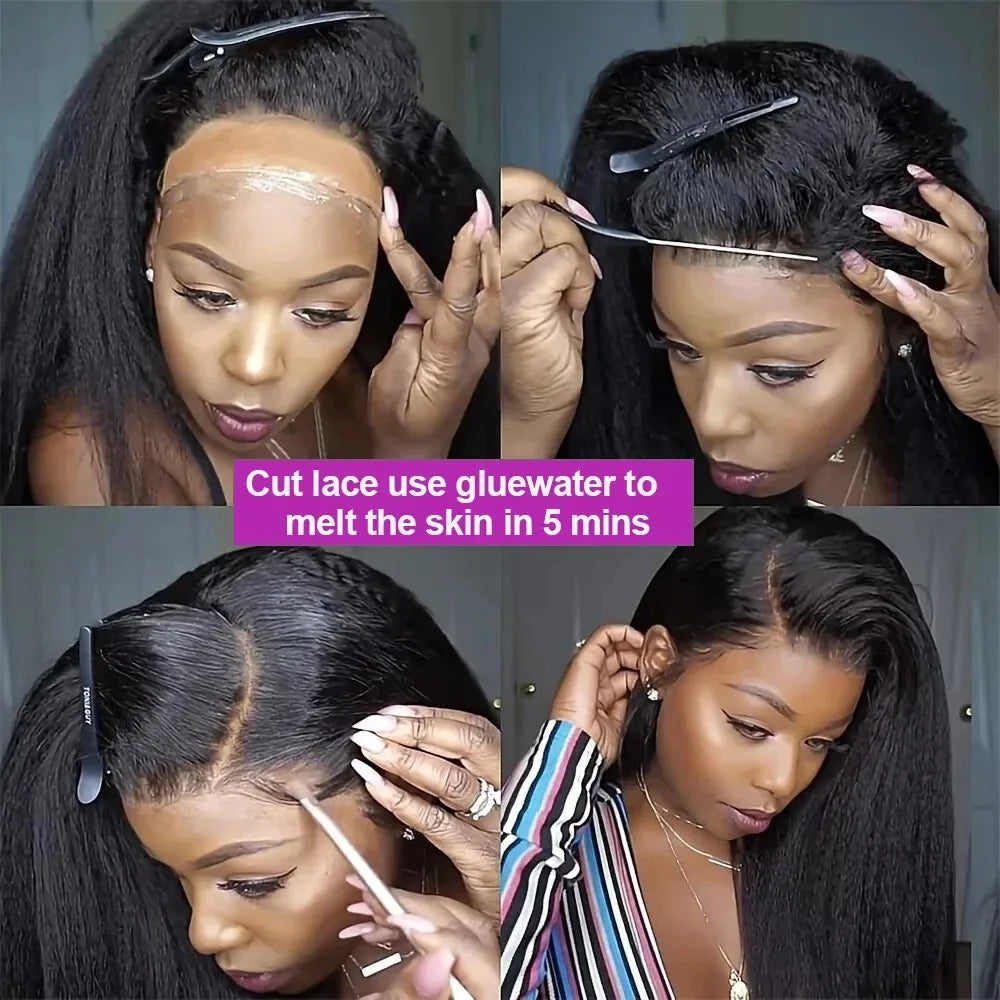 40 42 Inch Kinky Straight Lace Front Wig Pre Plucked Yaki Straigh HD 13X4 Lace Frontal Wig 4C Edges Curly Human Hair Wigs