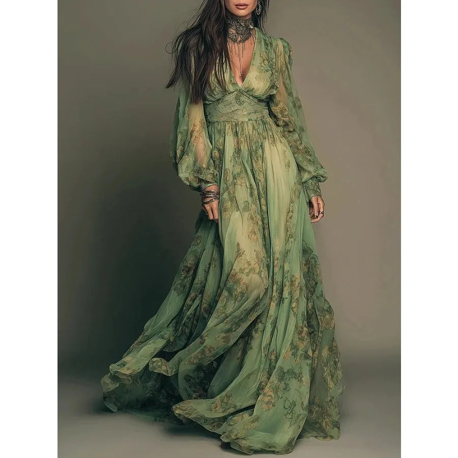 2026 European and American -  Independence  hot sales pastoral style bohemian print v-neck long-sleeved dress