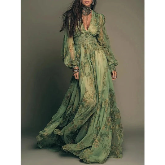 2026 European and American -  Independence  hot sales pastoral style bohemian print v-neck long-sleeved dress
