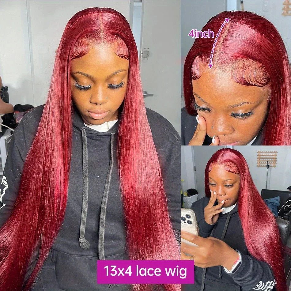 99J Burgundy  Straight Lace Front Human Hair Wigs 13x4 13x6 HD Transparent Full Lace Frontal Wig 200 Density Straight Hair Wigs