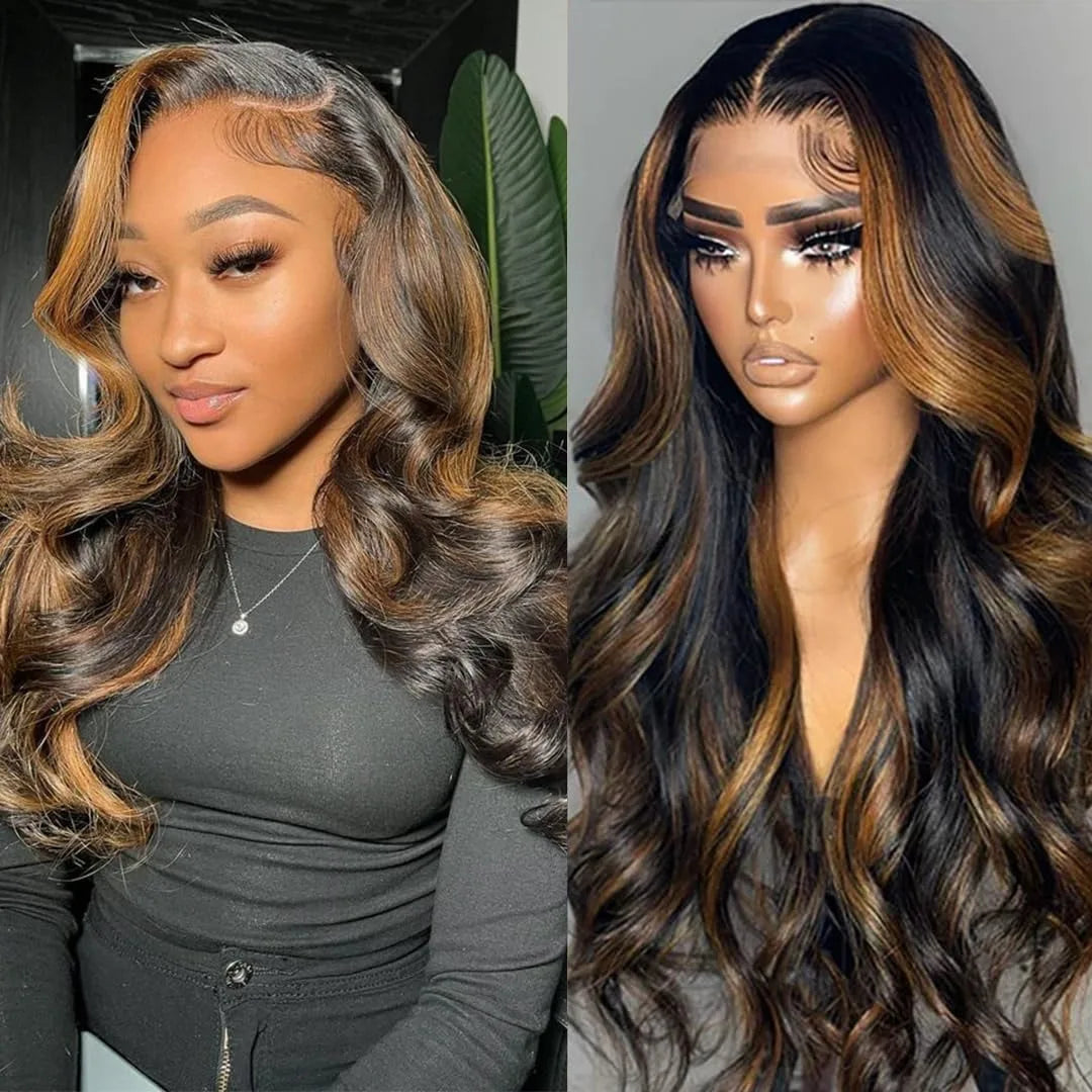 30 Inch Body Wave Ombre Lace Front Wig Human Hair PB/30 Colored Highlight 13x4 HD Lace Frontal Wig BalayageHuman Hair for Women