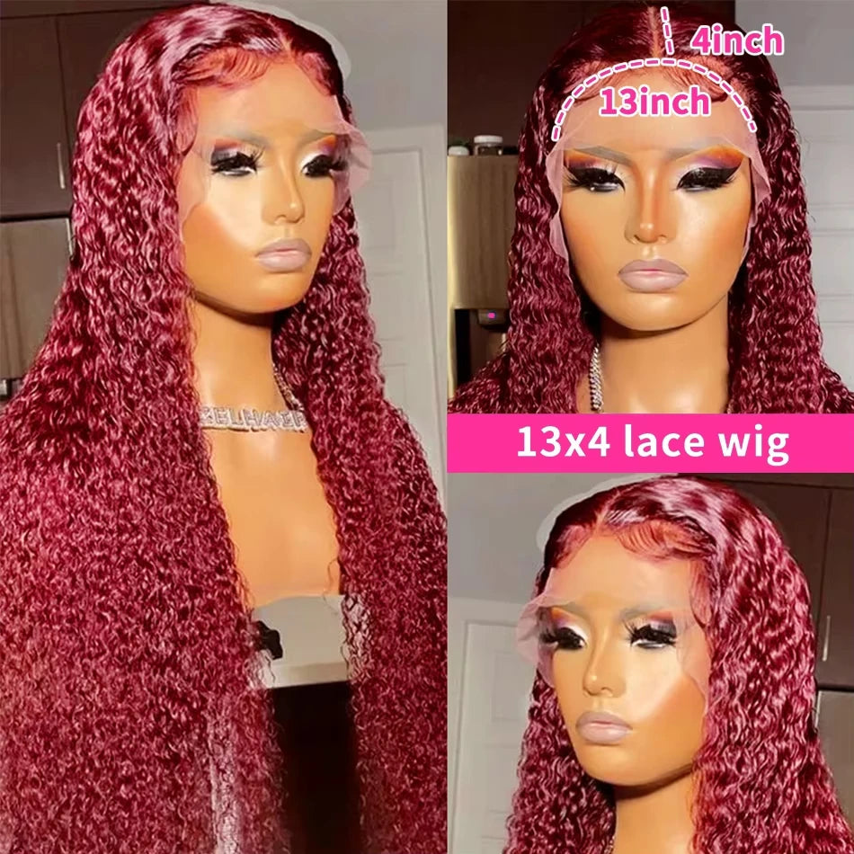 30 40 Inch 99J Burgundy Deep Wave 13x6 Hd Lace Frontal Human Hair Wig Red Colored 13x4 Transparent Lace Curly Frontal Wigs