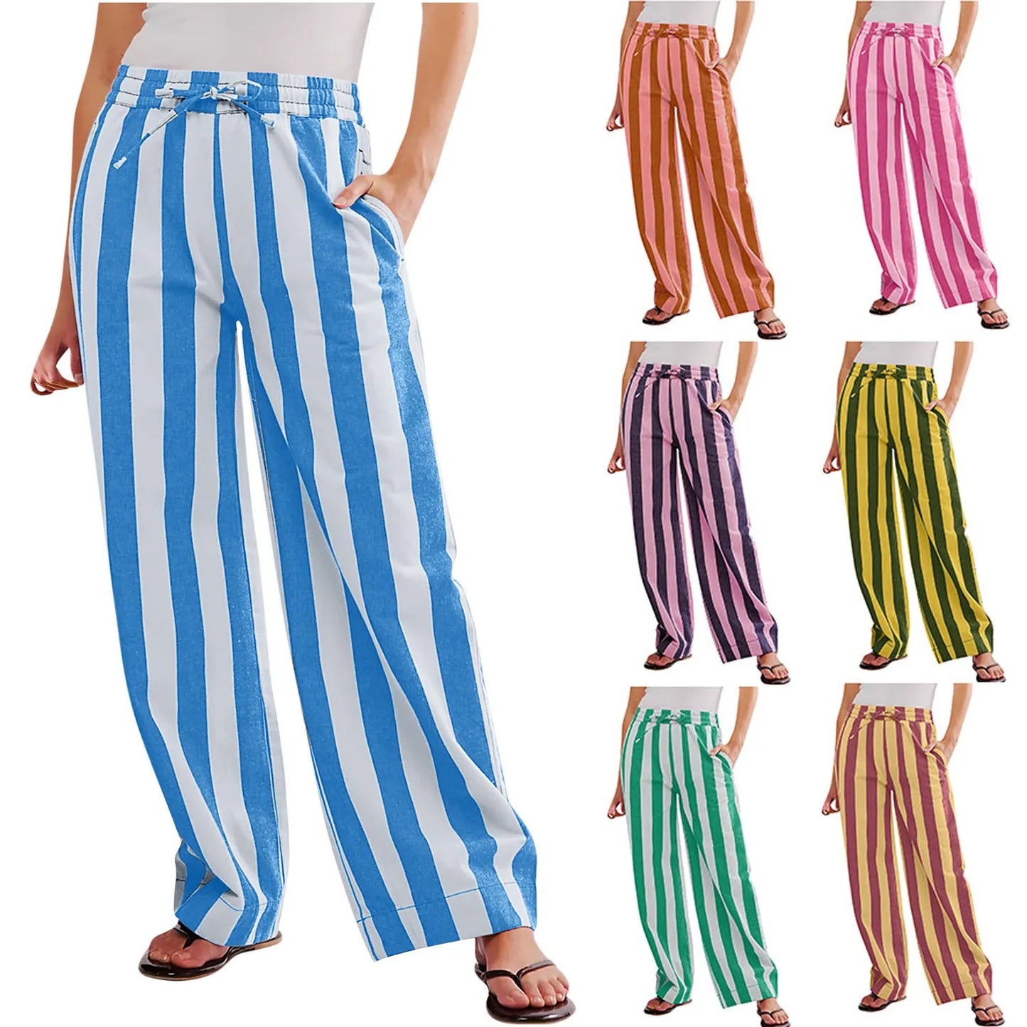 Women Casual Baggy Trousers Striped Color Blocking High Waist Wide Leg Pants Pockets Summer Lightweight Palazzo Pajama Bottom
