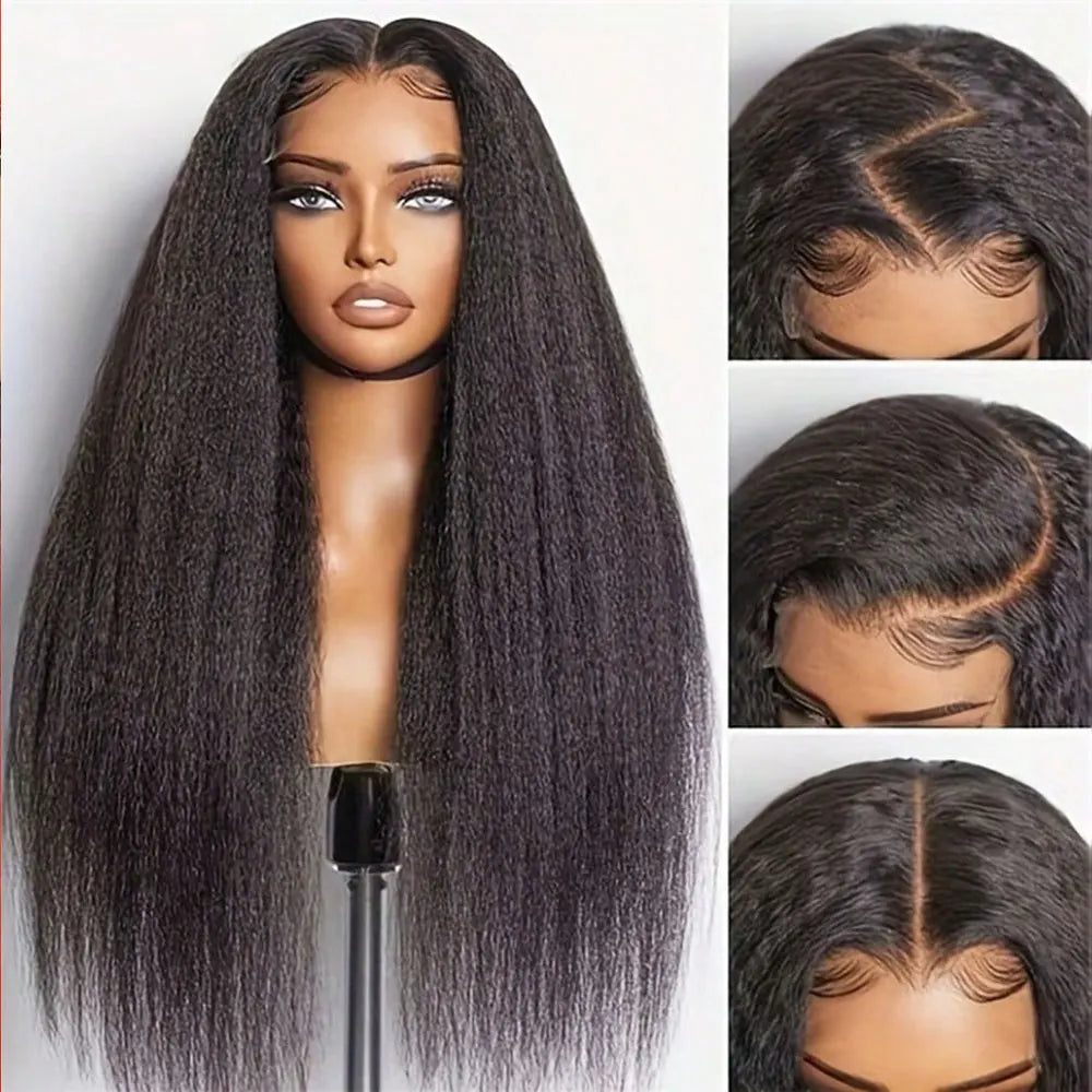 40 42 Inch Kinky Straight Lace Front Wig Pre Plucked Yaki Straigh HD 13X4 Lace Frontal Wig 4C Edges Curly Human Hair Wigs