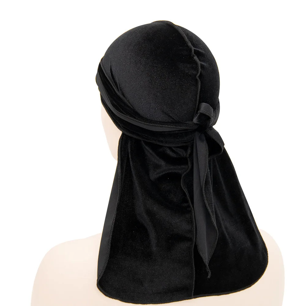 New Unisex Solid Color Soft Velvet Longtail Pirate Hat Breathable Bandana Durag Long Ribbon Cape Baotou Headband Du-Rag