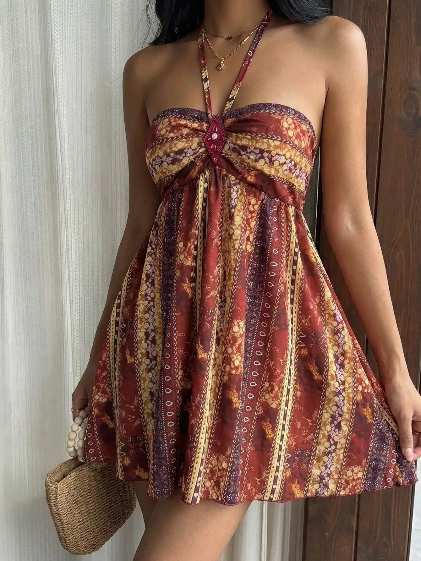 Bohemian Retro Paisley Print Sequin Rhombus Halter Mini Dress For Women Spring Summer