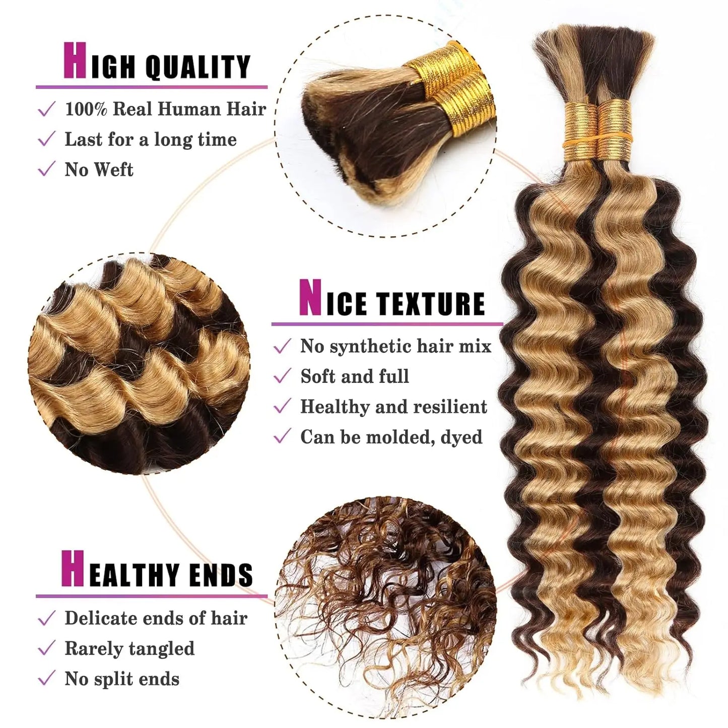 P4/27 Highlight Deep Wave Boho Braids Human Hair 2 Bundles No Weft Colored Deep Wave Raw 100% Human Hair Extensions for Braiding