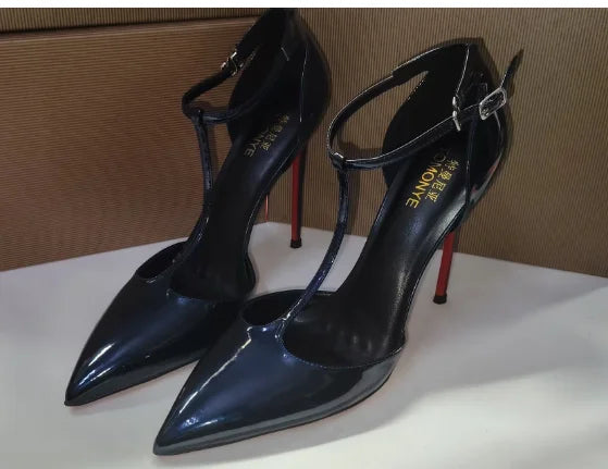 New Fashionable Lacquer Leather T-shaped Pointed Fine Straw Shoes French High Heels One Button Baotou Sandals