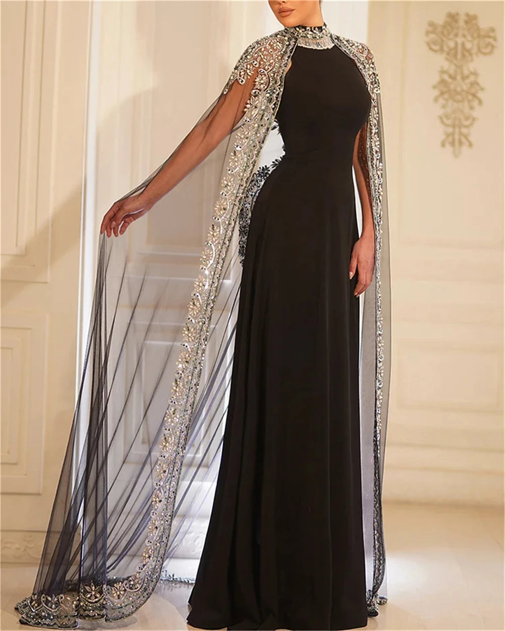 Customized Jersey Applique Sequined Beading Ruched Homecoming A-line High Collar Bespoke Occasion Gown Long Dresses