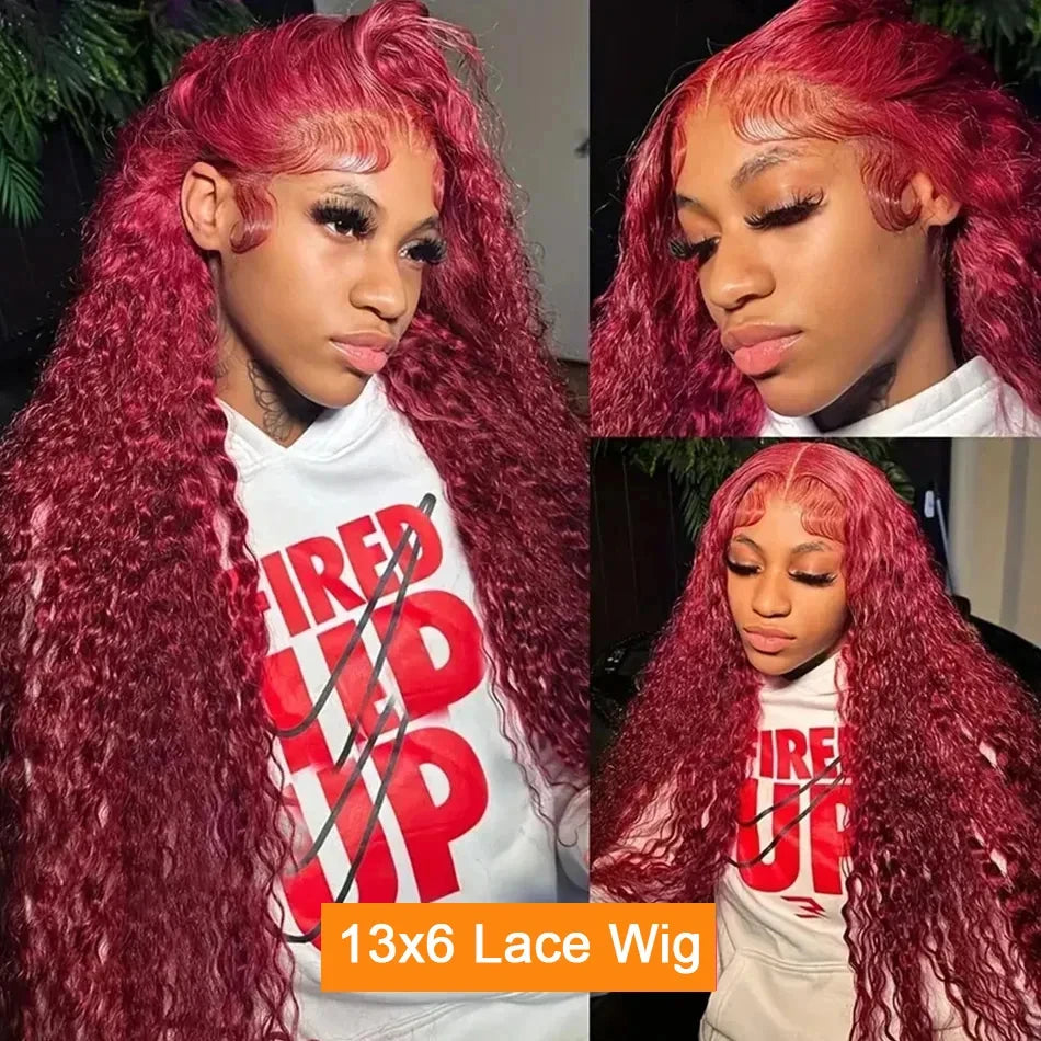 30 40 Inch 99J Burgundy Deep Wave 13x6 Hd Lace Frontal Human Hair Wig Red Colored 13x4 Transparent Lace Curly Frontal Wigs