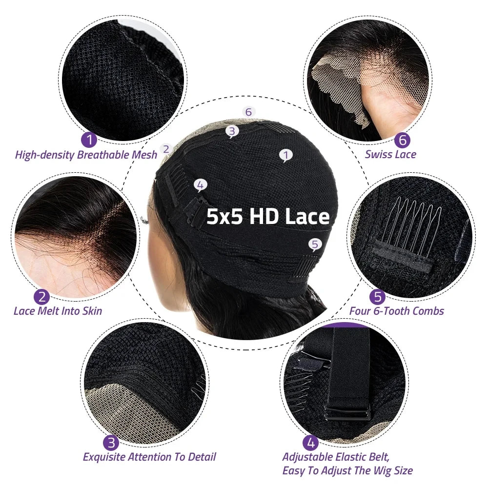 13x6 HD Transparent Bone Straight Lace Frontal Wigs 5x5 Glueless Wear and Go Human Hair Wig 220 Density for Women 30 40 Inch