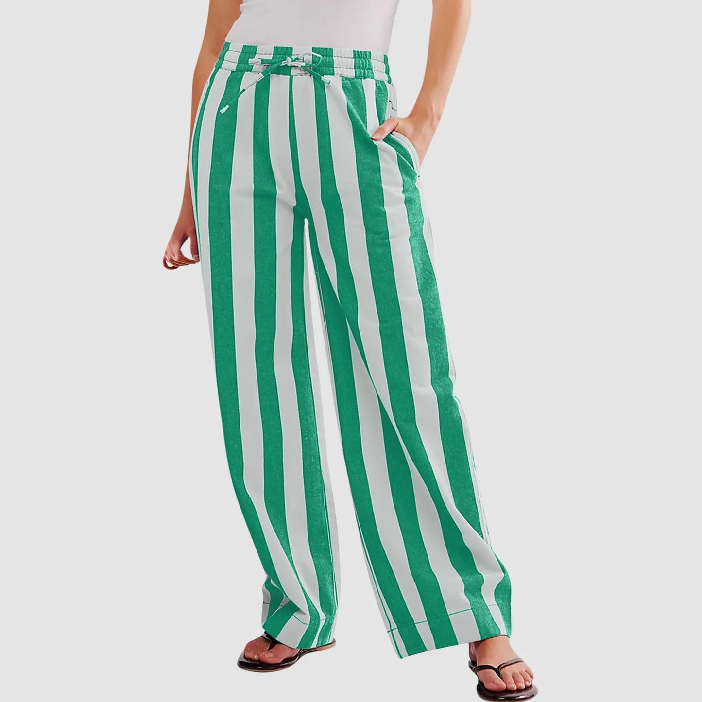 Women Casual Baggy Trousers Striped Color Blocking High Waist Wide Leg Pants Pockets Summer Lightweight Palazzo Pajama Bottom