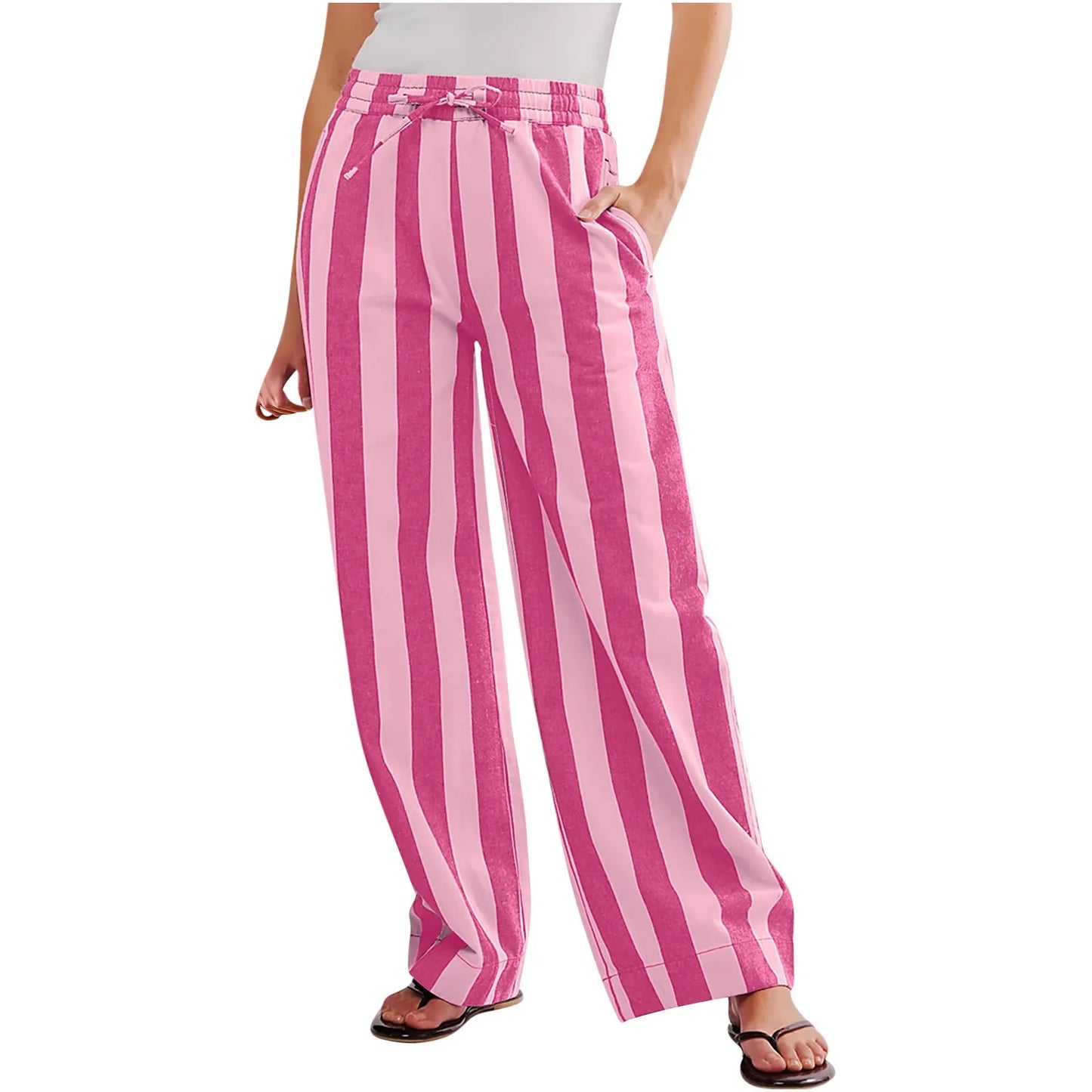 Women Casual Baggy Trousers Striped Color Blocking High Waist Wide Leg Pants Pockets Summer Lightweight Palazzo Pajama Bottom