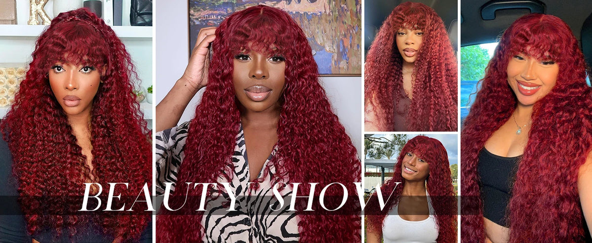 99J Burgundy Curly Wig with Bangs Human Hair  Water Wave Mechanism Color Wigs Red wig with Bangs Colored Brazilian Human Hair