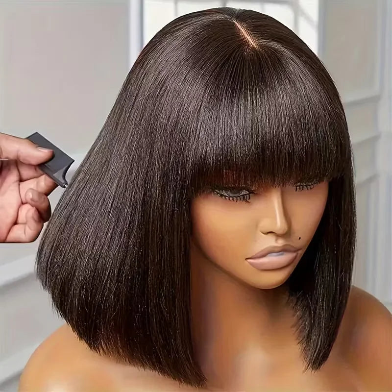 Straight Human Hair Bob Wigs With Bang Full Machine Made Wigs 3x1 Middle Part Lace Wig Brazilian Natural Color 16 Inch For Women