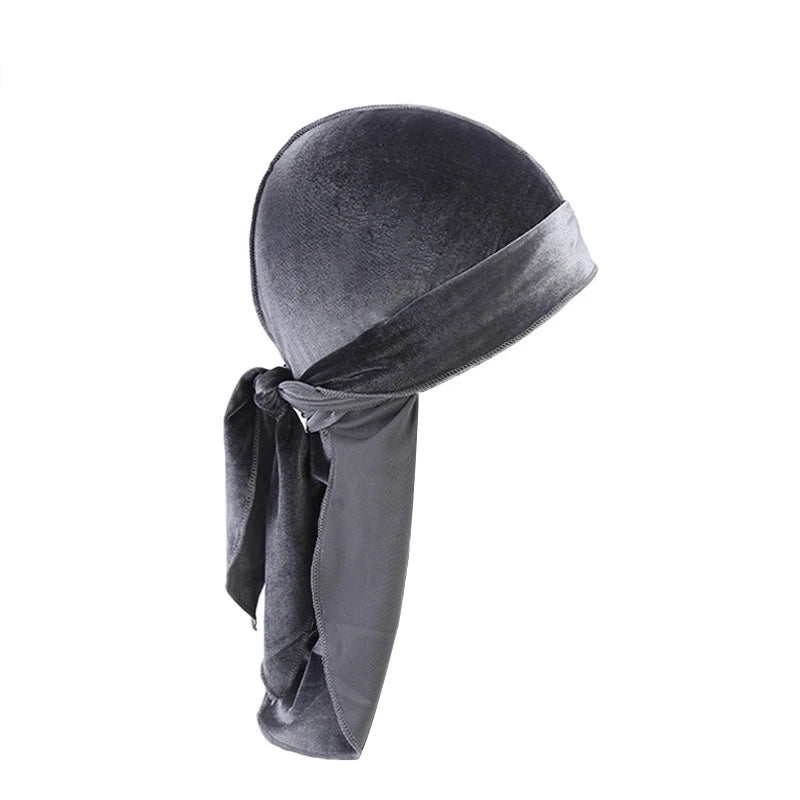 New Unisex Solid Color Soft Velvet Longtail Pirate Hat Breathable Bandana Durag Long Ribbon Cape Baotou Headband Du-Rag