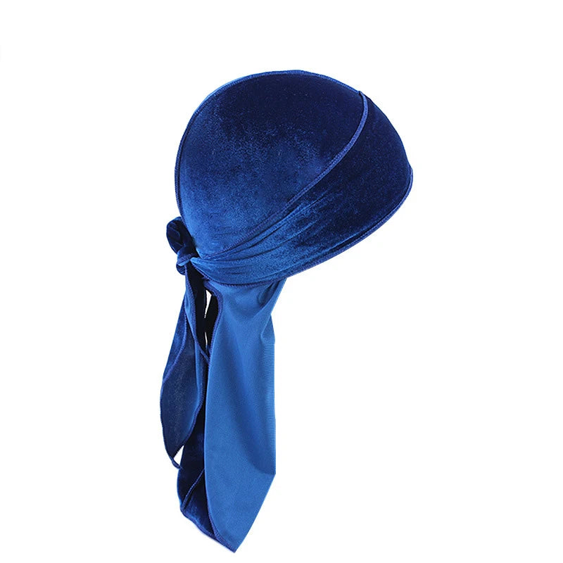 New Unisex Solid Color Soft Velvet Longtail Pirate Hat Breathable Bandana Durag Long Ribbon Cape Baotou Headband Du-Rag