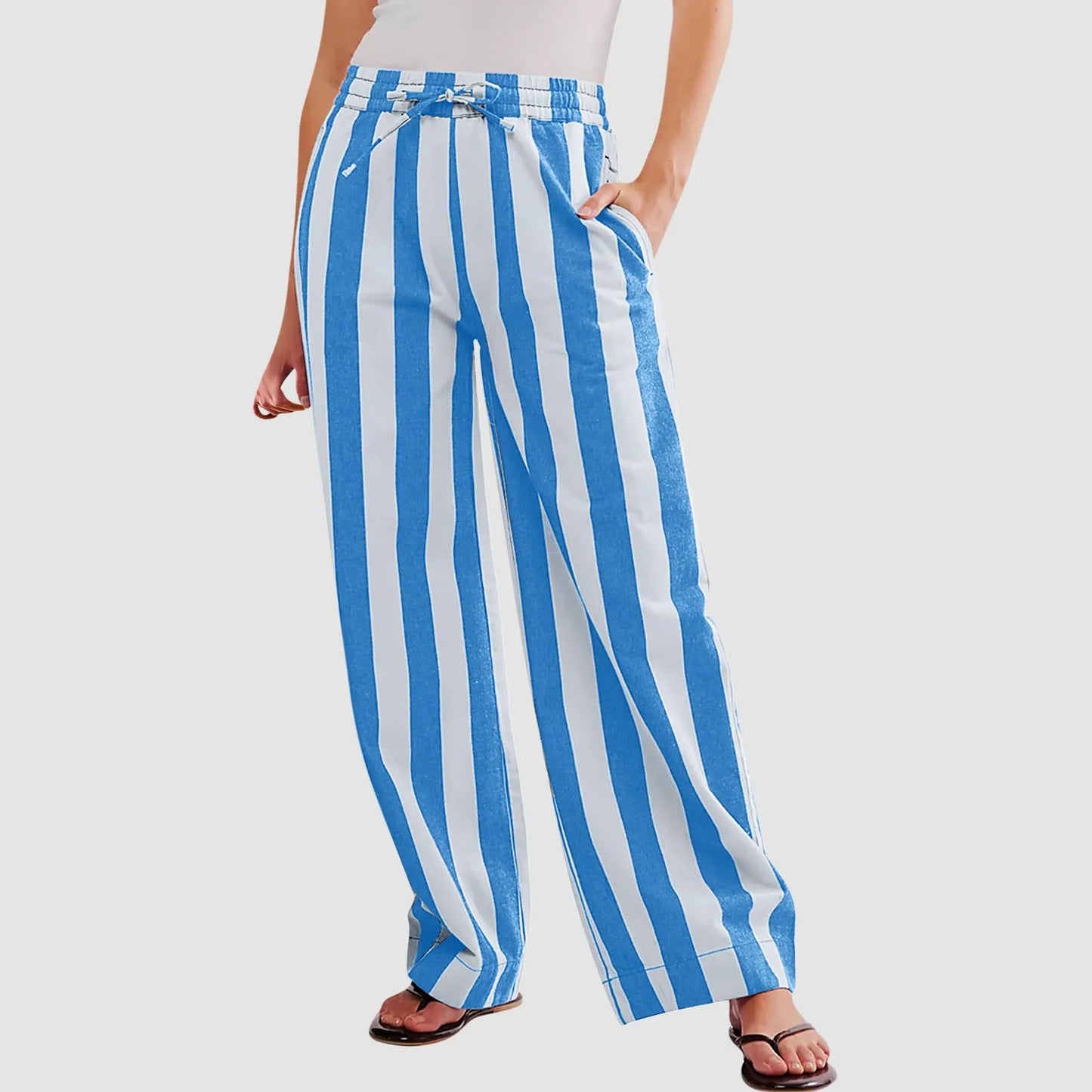 Women Casual Baggy Trousers Striped Color Blocking High Waist Wide Leg Pants Pockets Summer Lightweight Palazzo Pajama Bottom