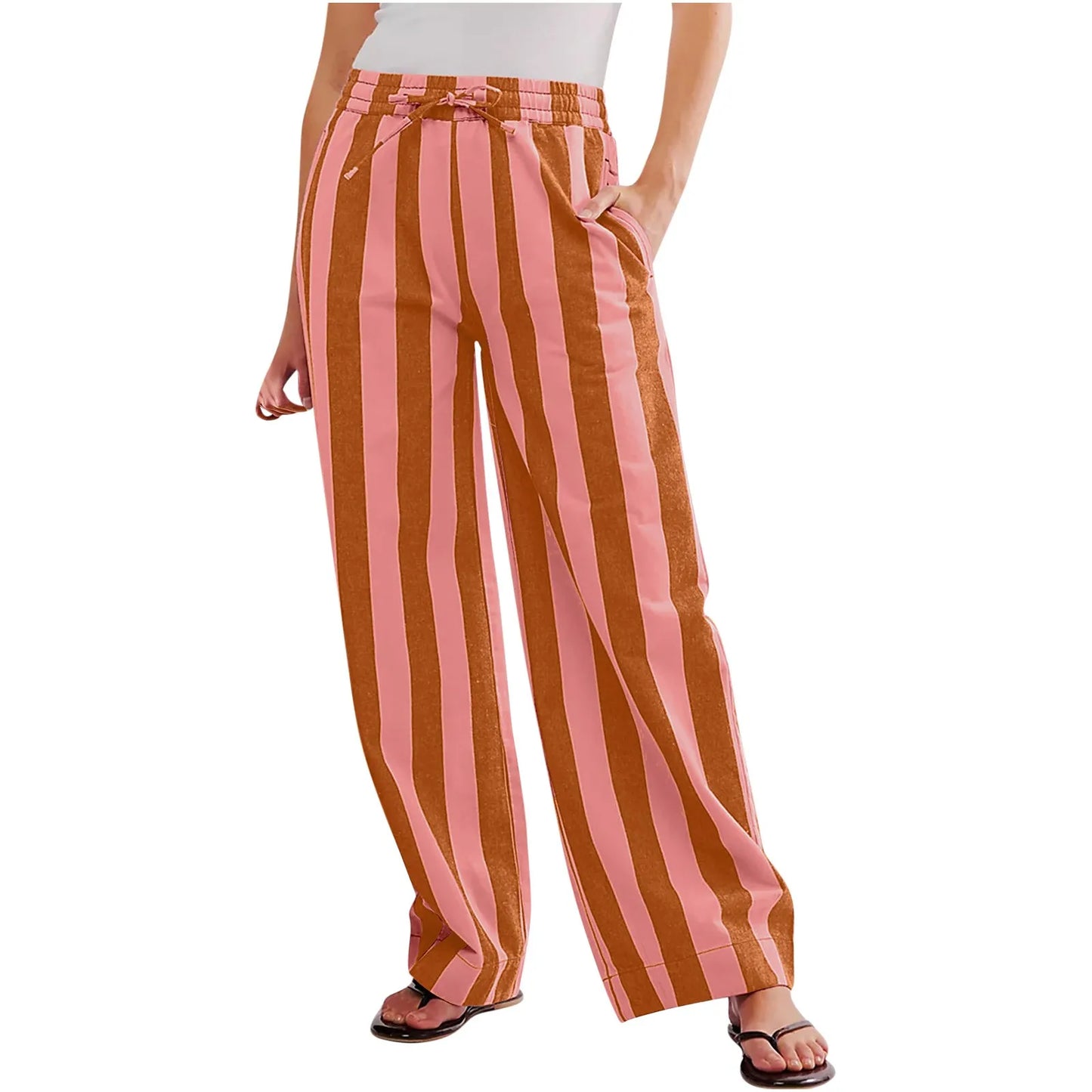 Women Casual Baggy Trousers Striped Color Blocking High Waist Wide Leg Pants Pockets Summer Lightweight Palazzo Pajama Bottom
