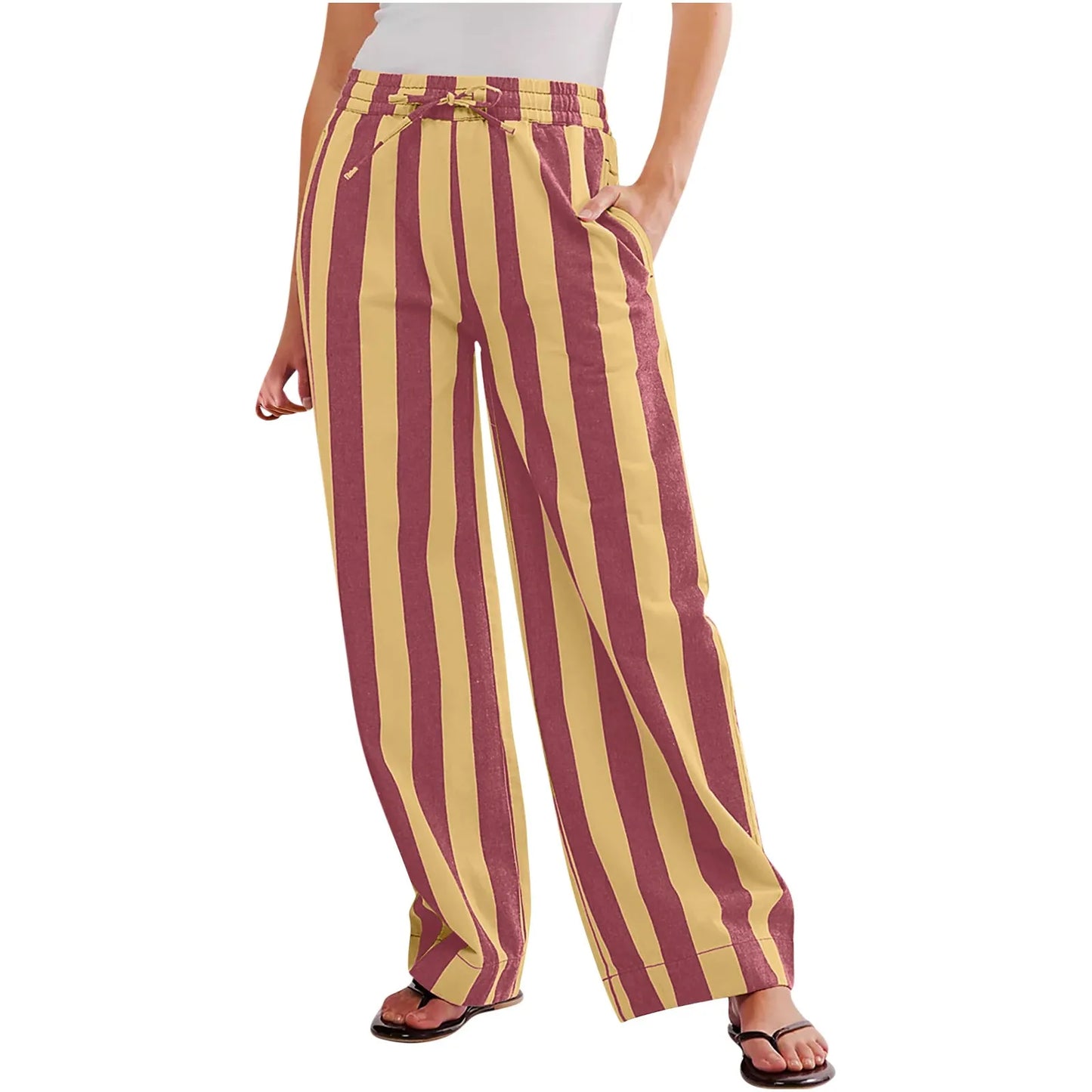 Women Casual Baggy Trousers Striped Color Blocking High Waist Wide Leg Pants Pockets Summer Lightweight Palazzo Pajama Bottom