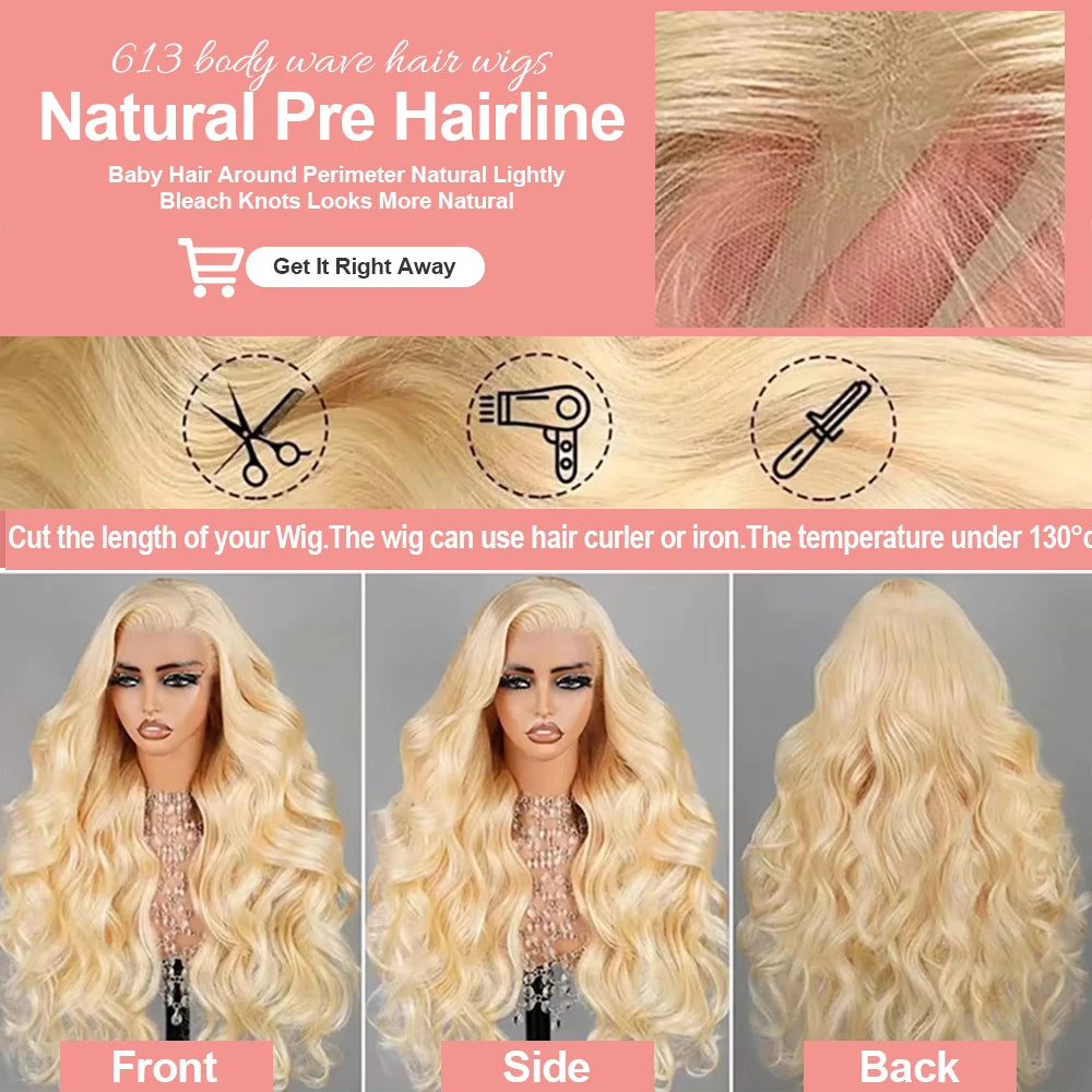 613 Lace Front Wig Human Hair 13x6 Blonde Human Hair Wigs 300% Density Body Wave Lace Front Wigs Human Hair Pre Plucked 46 Inch