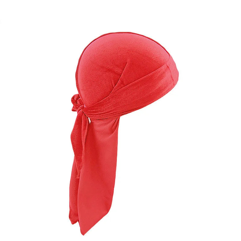 New Unisex Solid Color Soft Velvet Longtail Pirate Hat Breathable Bandana Durag Long Ribbon Cape Baotou Headband Du-Rag