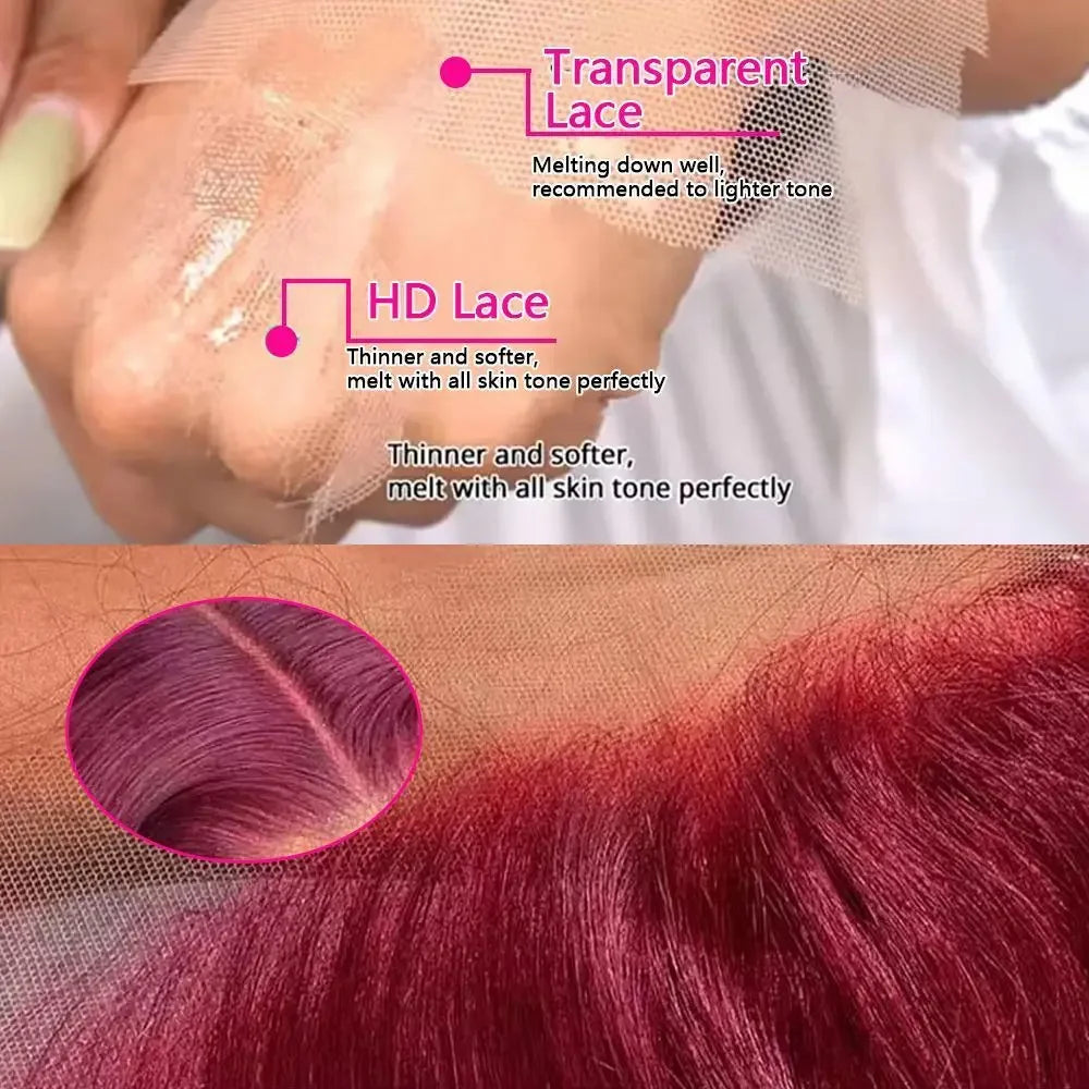 99J Burgundy  Straight Lace Front Human Hair Wigs 13x4 13x6 HD Transparent Full Lace Frontal Wig 200 Density Straight Hair Wigs