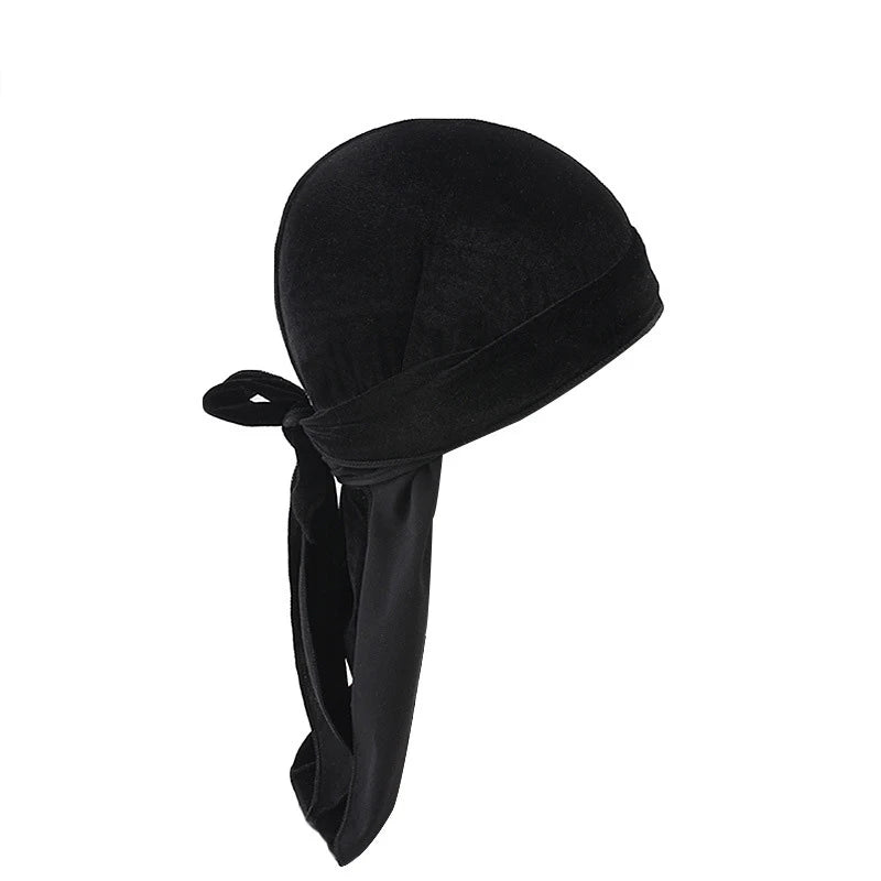New Unisex Solid Color Soft Velvet Longtail Pirate Hat Breathable Bandana Durag Long Ribbon Cape Baotou Headband Du-Rag