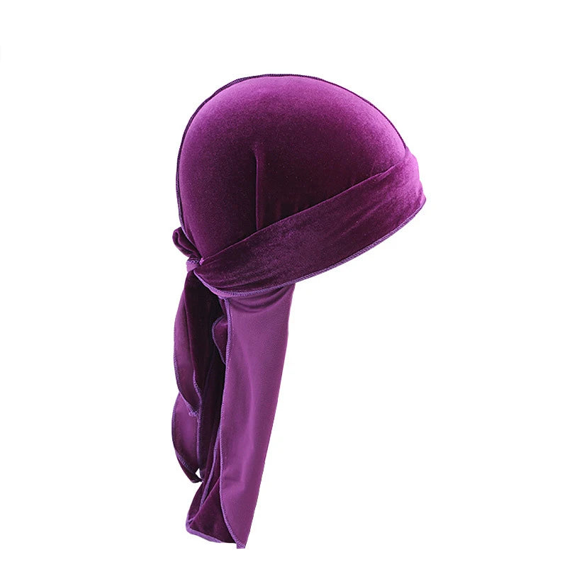 New Unisex Solid Color Soft Velvet Longtail Pirate Hat Breathable Bandana Durag Long Ribbon Cape Baotou Headband Du-Rag