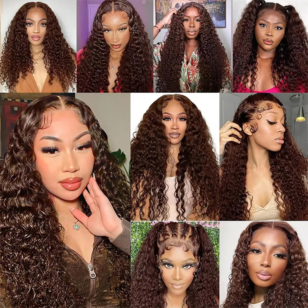 Chocolate Brown Deep Wave 13x6 Lace Front Wig Human Hair Curly #4 Colored Transparent 13x4 Lace Frontal Wig For Women Brazilian