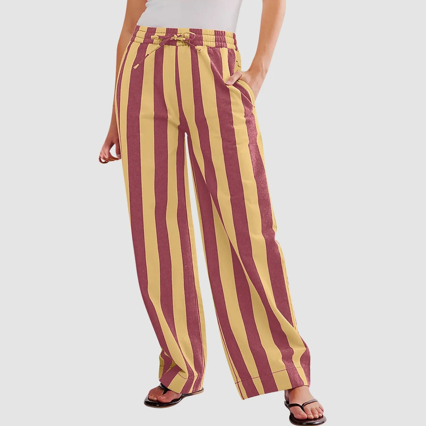 Women Casual Baggy Trousers Striped Color Blocking High Waist Wide Leg Pants Pockets Summer Lightweight Palazzo Pajama Bottom